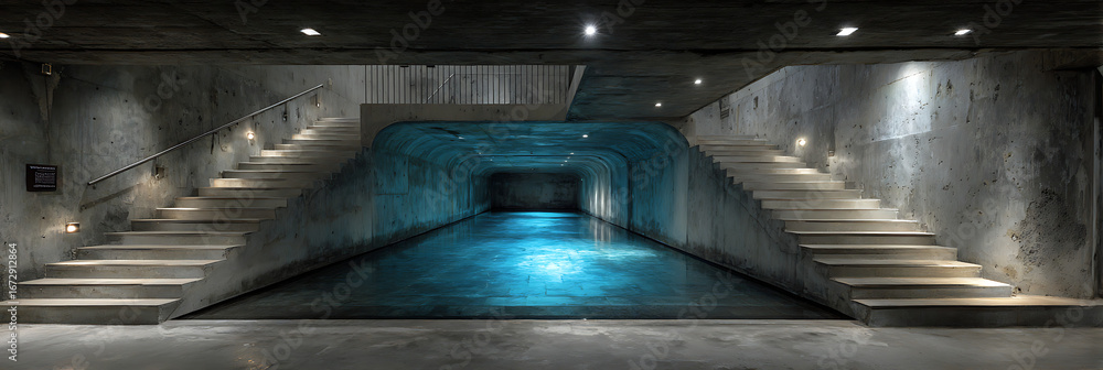 Poster a symmetrical view of a modern concrete underpass with two staircases and a central tunnel illuminat