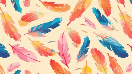 Simple Flat Printing Background: Soft Pink Feather with Colorful Flower & Isolated Bird Illustration