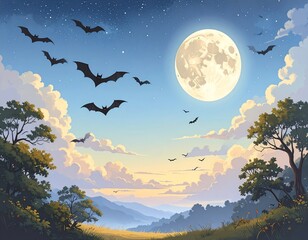 Fototapeta premium Bats fly silhouetted against a large, bright moon and a tranquil landscape at twilight.