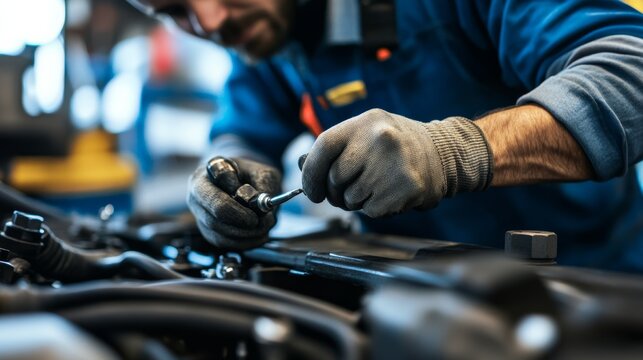 Auto mechanic working on engine garage action photography indoor setting close-up view automotive repair concept