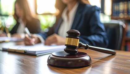 Obraz premium Close-up of a wooden judge's hammer resting on a court desk, with a writing lawyer in the blurry background
