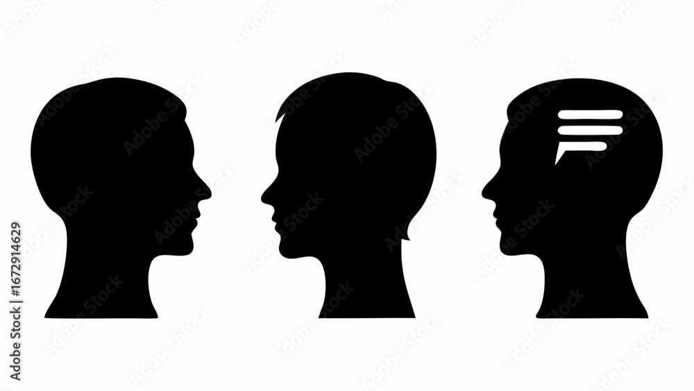 Poster three silhouette heads facing left and right with one head containing a speech bubble icon inside he