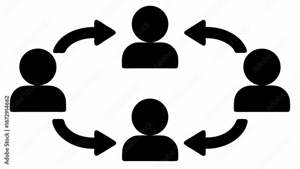 Poster circular flow diagram showing five people connected by arrows indicating interaction and collaborati