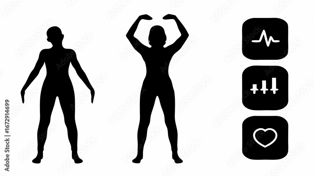 Poster silhouette of woman exercising with heart rate and volume icons on the right side of the image view