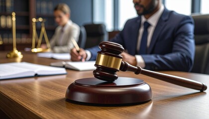 Close-up of a wooden judge's hammer resting on a court desk, with a writing lawyer in the blurry background