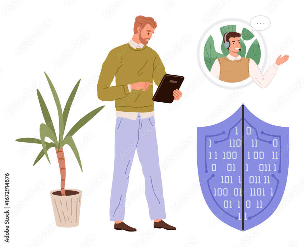Poster casual man interacting on a tablet with virtual assistant, shield with binary data, and plant. ideal