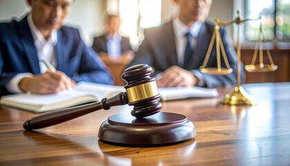 Close-up of a wooden judge's hammer resting on a court desk, with a writing lawyer in the blurry background
