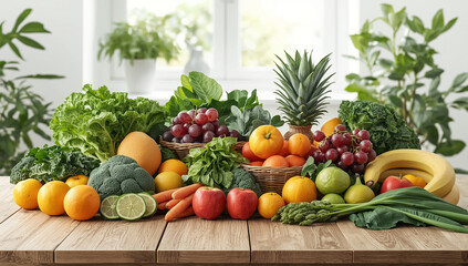 fruits and vegetables on wooden table