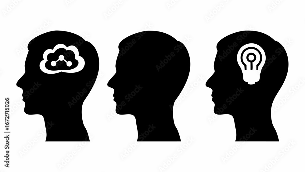 Poster three human head profiles showcasing cloud computing blank and lightbulb idea concepts in black and 