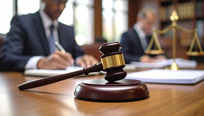 Close-up of a wooden judge's hammer resting on a court desk, with a writing lawyer in the blurry background