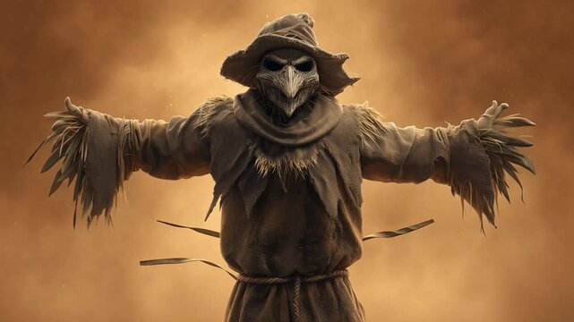 Dark and Mysterious Scarecrow in a Foggy Field Surrounded by Eerie Atmosphere with Ominous Lighting Effects 4k video footage