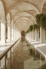 Fototapeta premium Majestic architectural corridor with elegant stone arches, tranquil water reflection, and lush green trees, symbolizing symmetry, harmony, spirituality, peace, and timeless beauty