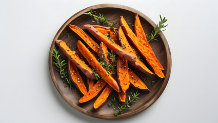 Crunchy Sweet Potato Fries with Spices and Herbs on White Background