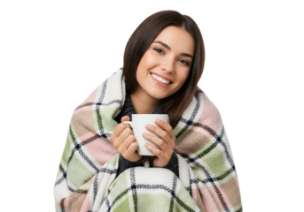 Woman wrapped in blanket holding a coffee cup smiling on transparent background