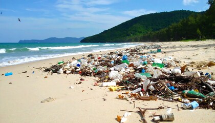 Obraz premium Polluted beach with plastic waste and debris impacting coastal environment