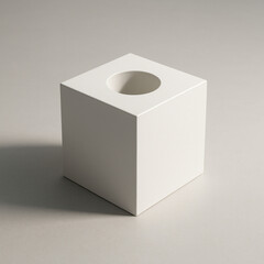 Fototapeta premium Minimalist White Cube with Round Hole Displayed on Neutral Background Ideal for Modern Interior Design and Artistic Projects