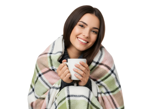 Woman wrapped in blanket holding a coffee cup smiling on transparent background