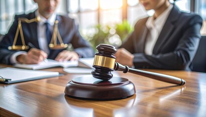 Close-up of a wooden judge's hammer resting on a court desk, with a writing lawyer in the blurry background