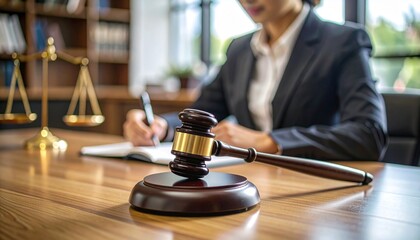 Close-up of a wooden judge's hammer resting on a court desk, with a writing lawyer in the blurry background
