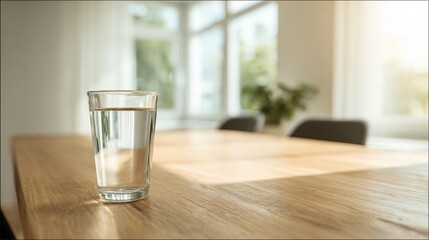 Glass of water on wooden table