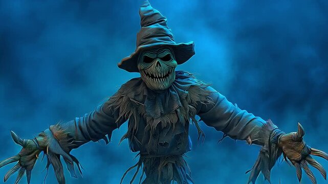 Sinister Scarecrow in Dark Foggy Environment with Spooky Blue Background 4k video footage