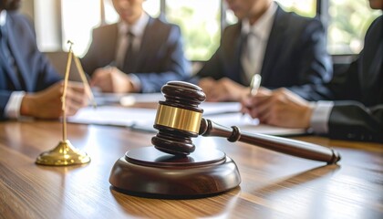 Close-up of a wooden judge's hammer resting on a court desk, with a writing lawyer in the blurry background