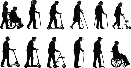 Obraz premium Silhouette of elderly people using wheelchair, cane, scooter, walker, mobility support, disabled person, senior healthcare assistance, aging disability illustration vector
