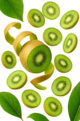 Fototapeta premium Whole kiwi fruit with Fresh Cubes and Juicy Green Slices on Transparent Background, Tropical Exotic Fruit Arrangement for Healthy Food, Summer Diet and Nutrition Concept