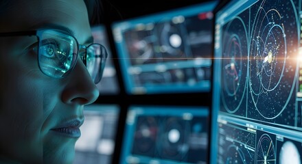 A focused woman in a high-tech command center analyzes complex data on multiple screens, representing surveillance and advanced technology concepts