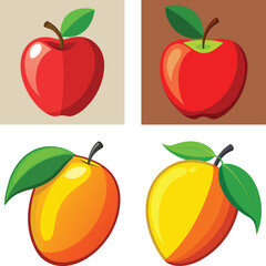 Two red apples and two yellow orange fruits with green leaves vector
