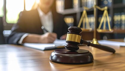 Close-up of a wooden judge's hammer resting on a court desk, with a writing lawyer in the blurry background