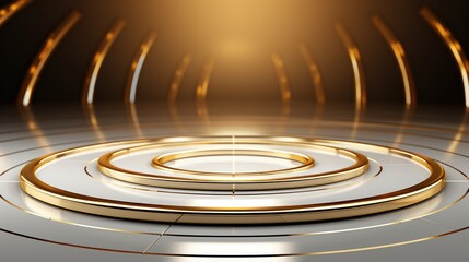 A white and gold circular stage with a golden ring in the middle, surrounded by golden circular elements, with a black background and a golden light source.