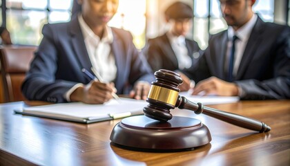 Close-up of a wooden judge's hammer resting on a court desk, with a writing lawyer in the blurry background