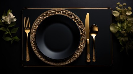 A black and gold place setting with a white background, featuring a gold fork, knife, and spoon, and a black plate with gold trim.