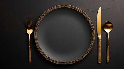 A black and gold plate with a white background, featuring a gold fork, knife, and spoon.