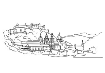  Fortress Hohensalzburg in Austria one line drawing style	