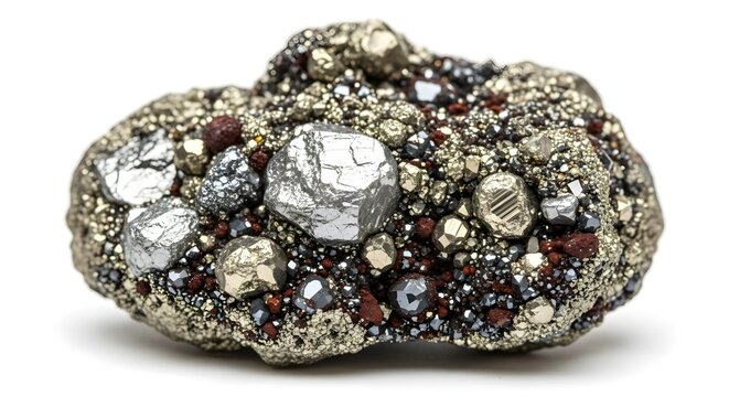 A valuable raw platinum ore nugget, a geological conglomerate specimen with pyrite and other precious metals isolated on a white background