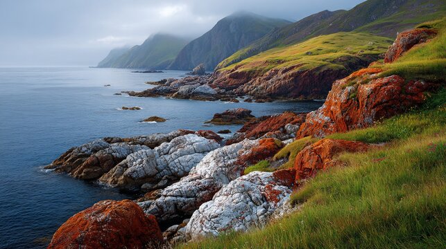 Rugged coastline with cliffs, green grass, gray rocks, and orange lichen by the sea