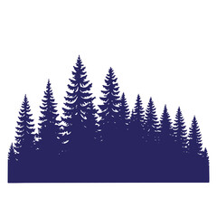Obraz premium Silhouette of a dense forest of pine trees in dark blue on a white background