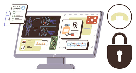Computer monitor displaying medical data, patient history, prescriptions, DNA analysis, and diagnostic scans with lock and phone elements. Ideal for healthcare, security, data privacy, medical