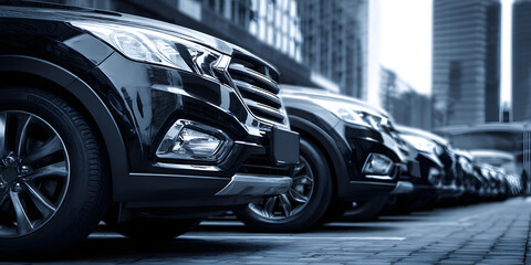 Rental car concept with transportation and fleet. Row of shiny parked cars along a city street in sleek monochrome style