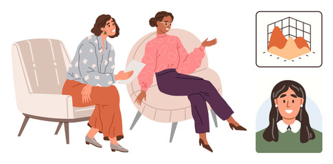 Two women seated discussing ideas, data chart visualization on screen, virtual meeting participation shown. Ideal for collaboration, teamwork, data analysis, virtual meetings, brainstorming