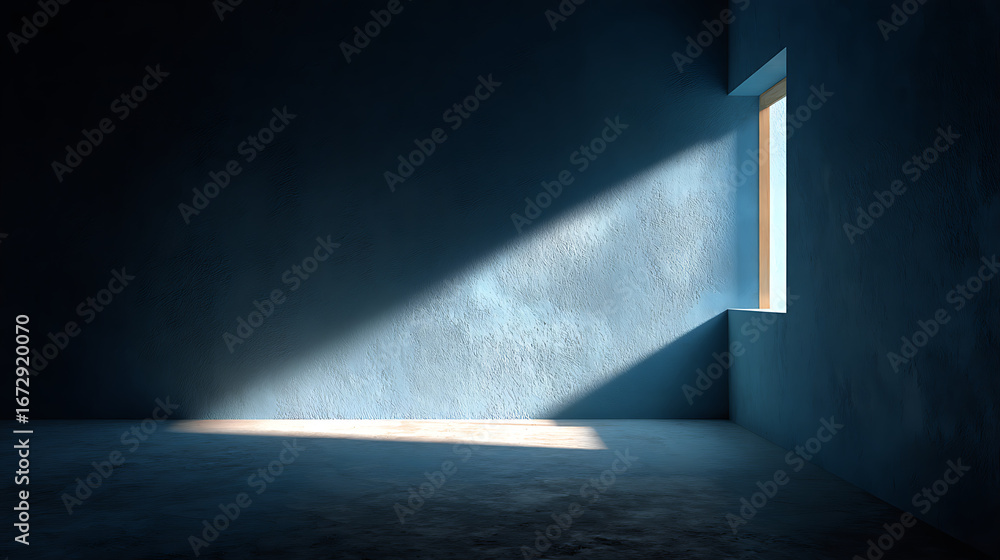 Poster a beam of sunlight streams through a high window into a dark, empty room with textured walls, creati