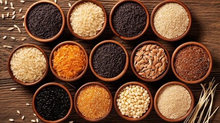 A wooden table with a variety of grains and seeds in small wooden bowls, arranged in a grid pattern.