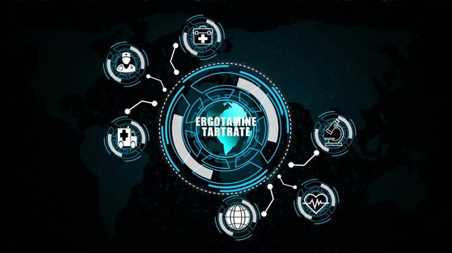  HUD animation Hologram Medicine Ingredient ergotamine tartrate on world map  background  