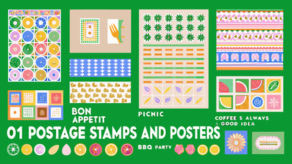 Fototapeta premium Collection of colorful graphic posters and postage stamp designs