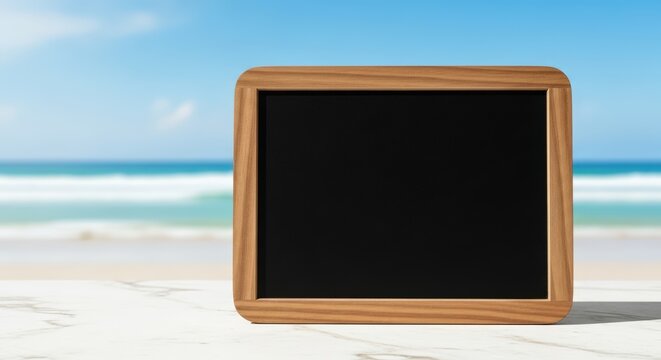 blank wooden frame chalkboard on marble table with beach background