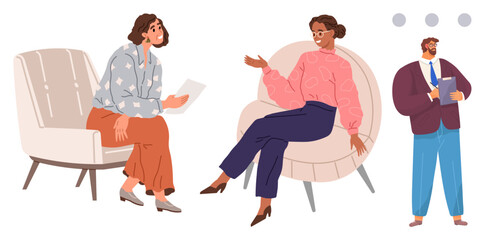 Casual conversation setup with two women sitting on armchairs and one man standing with a notepad. Ideal for collaboration, teamwork, communication, brainstorming, planning, consulting, dialogue