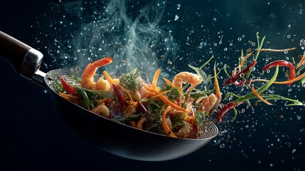 Wok with shrimp and vegetables is tossed in the air with water droplets and steam. Concept for culinary arts, food photography and Asian cuisine promotion