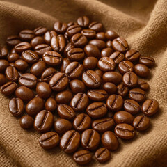 AI-Generated image of roasted coffee beans scattered across a textured burlap cloth.